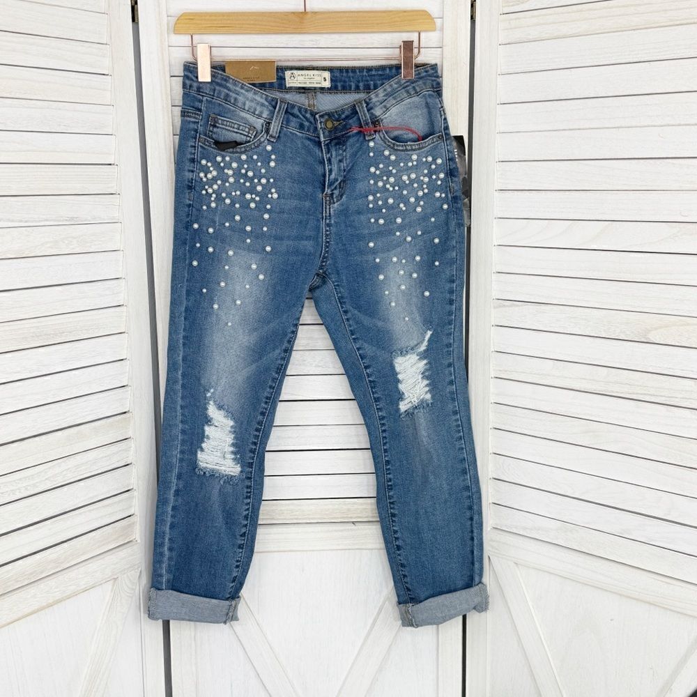 Angel Kiss Pearl Detail Jeans Women Juniors 5 Blue Skinny Destructed Rolled Cuff